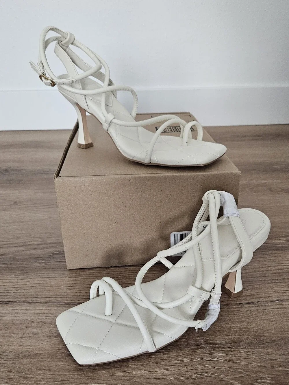 Women’s Strappy Quilted Square-Toe Heels in Cream Size 8.5